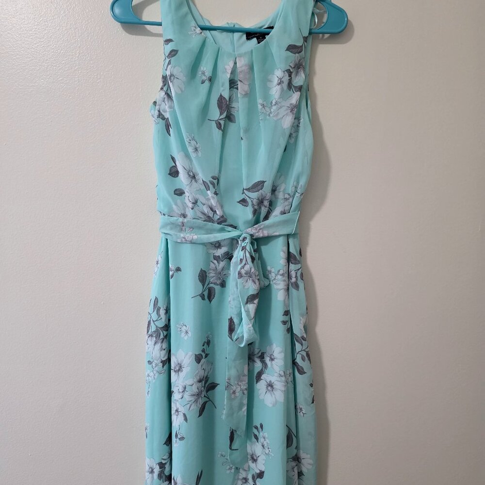 Teal, pleated neckline chiffon dress